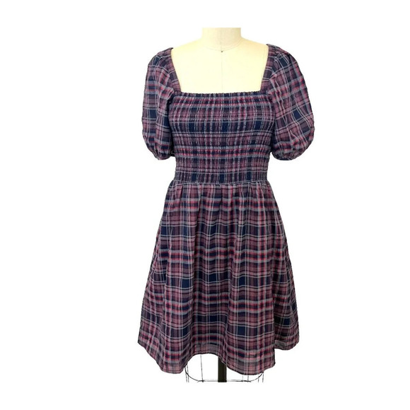 Madewell Lucie Puff-Sleeve Smocked Mini Dress in Rockfern Plaid Sz S - Picture 5 of 10